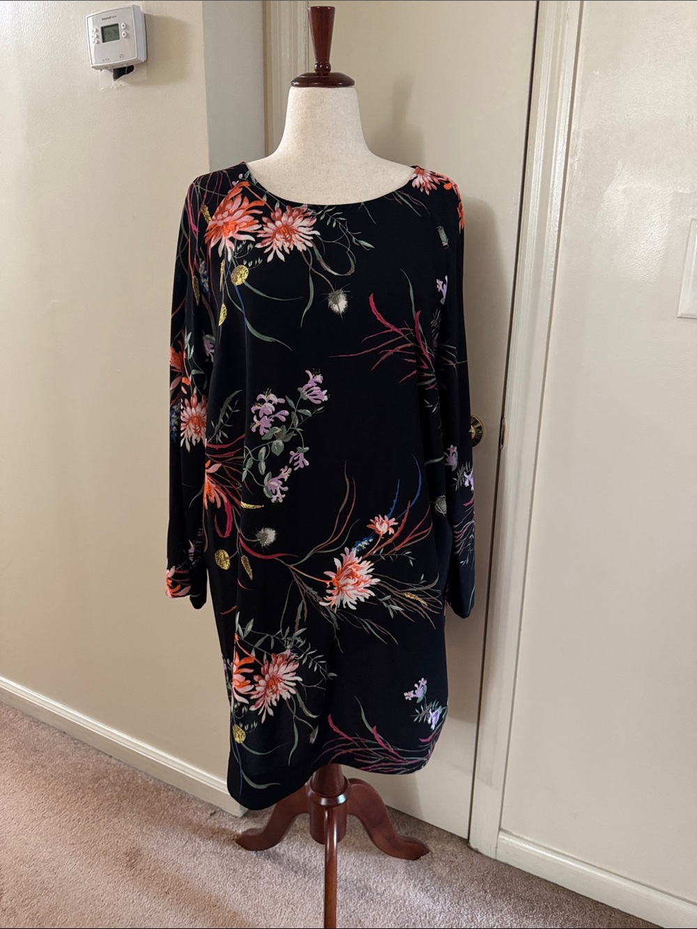 H&M Black Floral Shift Dress with Coral & Pink Blooms